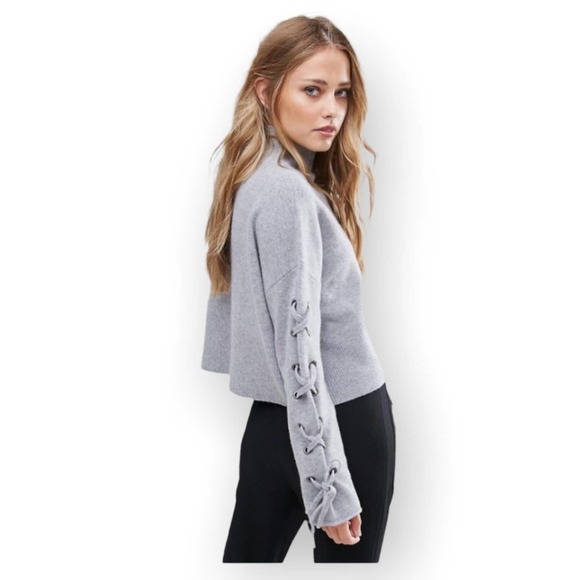 Ann Taylor | Gray Ponte Lace Up Bell Sleeve Blouse Crewneck Sweater - Picture 1 of 10